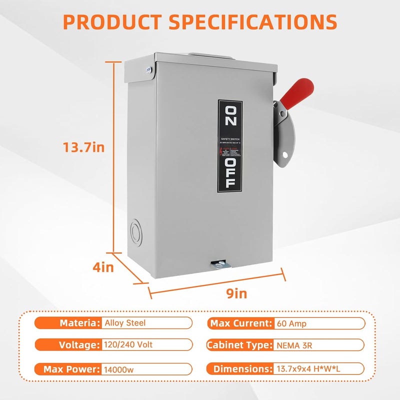 Sukubiui 60 Amp Disconnect Switch Box, 3 Pole Safety Switch, Non-Fusible, Heavy Duty Steel, NEMA 3R Rated, for Indoor & Outdoor Use, 240V/120V, 3 Phase, 10-Year Warranty - Image 2